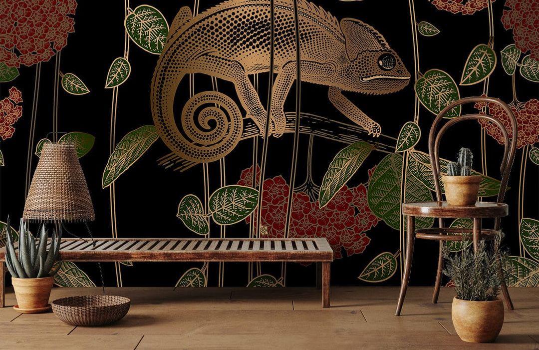 Exotic Chameleon Jungle Wallpaper with black and gold design, wooden bench, tan flooring, and chair.