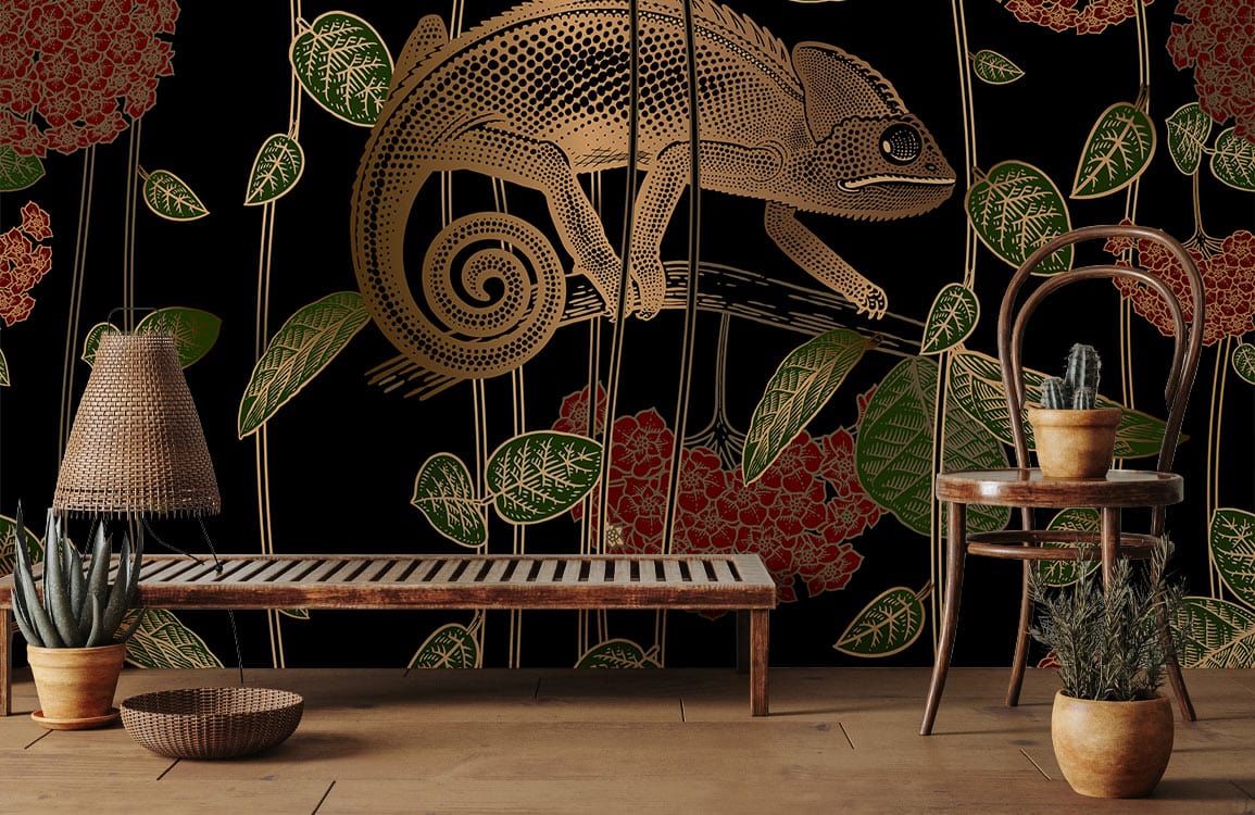 Exotic Chameleon Jungle Wallpaper with black and gold design, wooden bench, tan flooring, and chair.