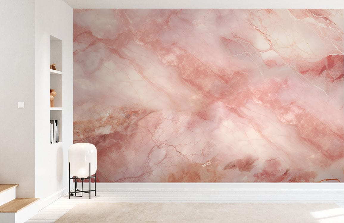 Elegant pink marble effect wallpaper in luxurious living room, featuring modern white chair and carpet.