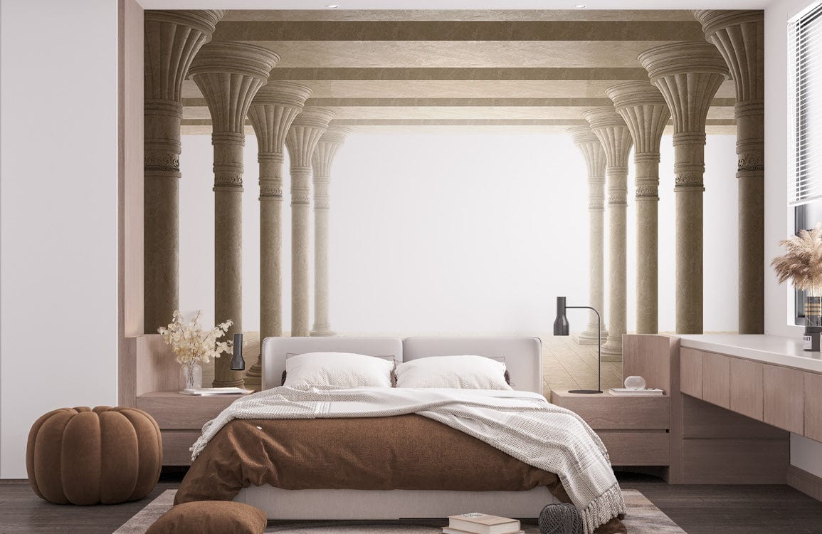 Classic cream stone column mural wallpaper in elegant bedroom with modern furniture and neutral tones.