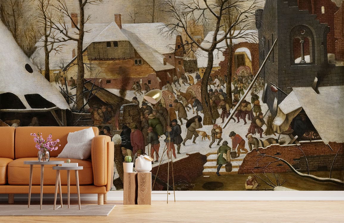 Vintage winter village scene mural wallpaper in lounge with rustic decor, orange sofa, wooden flooring.