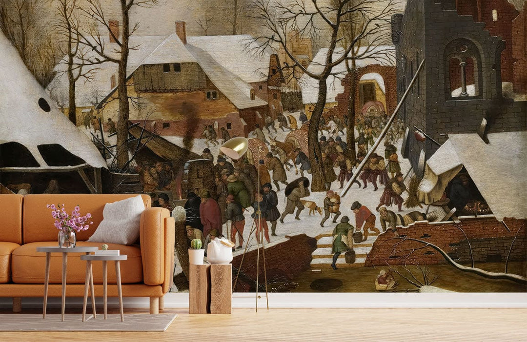 Vintage winter village scene mural wallpaper in lounge with rustic decor, orange sofa, wooden flooring.