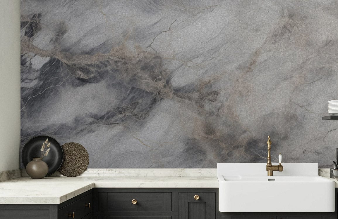 Elegant marble-effect grey textured mural wallpaper in kitchen with white sink and dark cabinets.