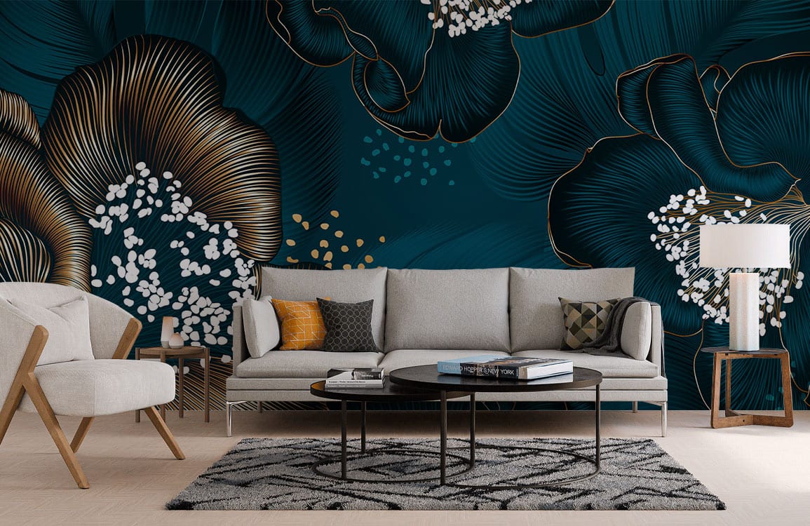 Luxurious teal floral mural wallpaper, golden accents, bold blooms. Modern grey sofa, patterned rug, armchair.