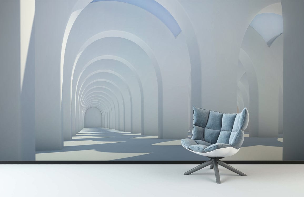 Elegant minimalist archway mural wallpaper in white and blue, modern chair, minimalist interior design.
