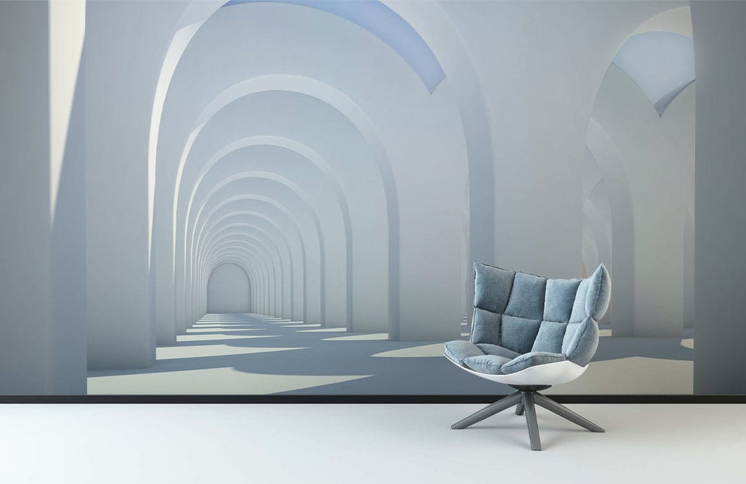 Elegant minimalist archway mural wallpaper in white and blue, modern chair, minimalist interior design.