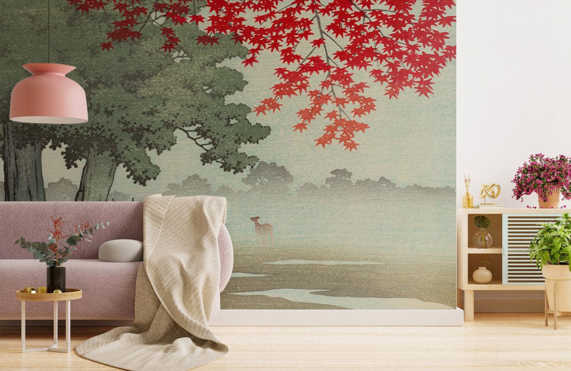 Misty Forest Deer Mural Wallpaper, red leaves, light purple sofa, wooden flooring, modern living room.