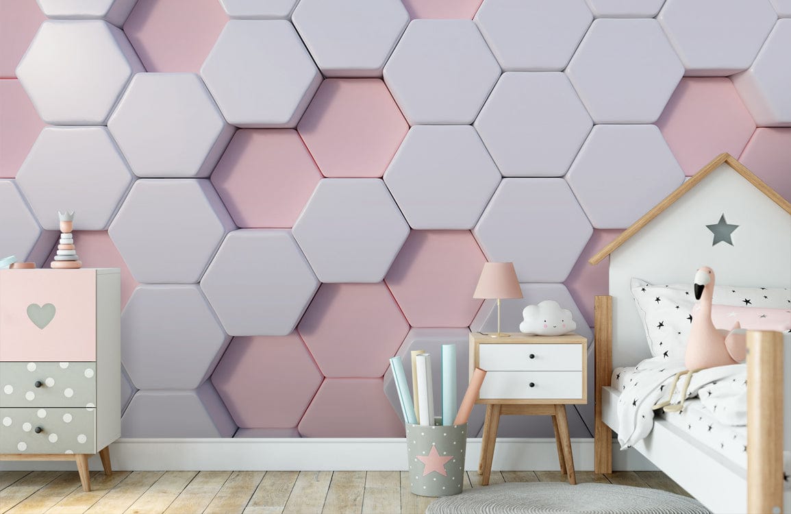 Modern hexagonal blush and white 3D wallpaper in a children's room with wood flooring and furniture.