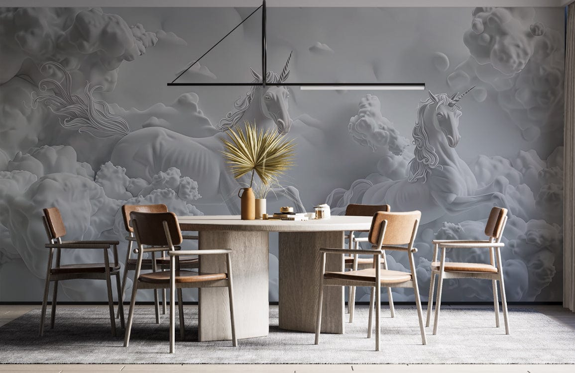 Dining room featuring Elegant White Unicorn Mural Wallpaper with 3D fantasy cloud design, light wood furniture.
