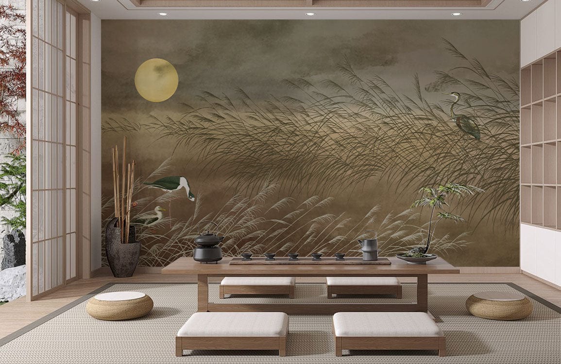 Tranquil Heron mural in earthy tones, minimalist Japanese-style room with tatami mats and wooden furniture.