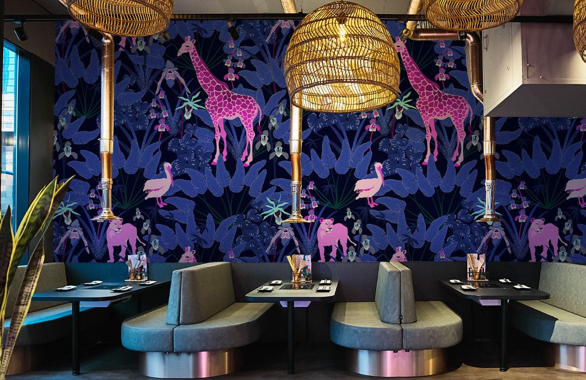 Vibrant Jungle Nights wallpaper in a modern café with grey booths, wicker lighting, and dark flooring.