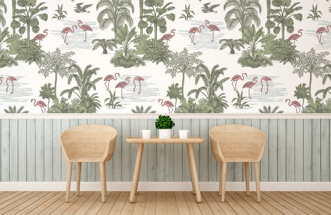 Elegant Tropical Flamingo wallpaper in a room with light wood chairs, matching table, wooden flooring.