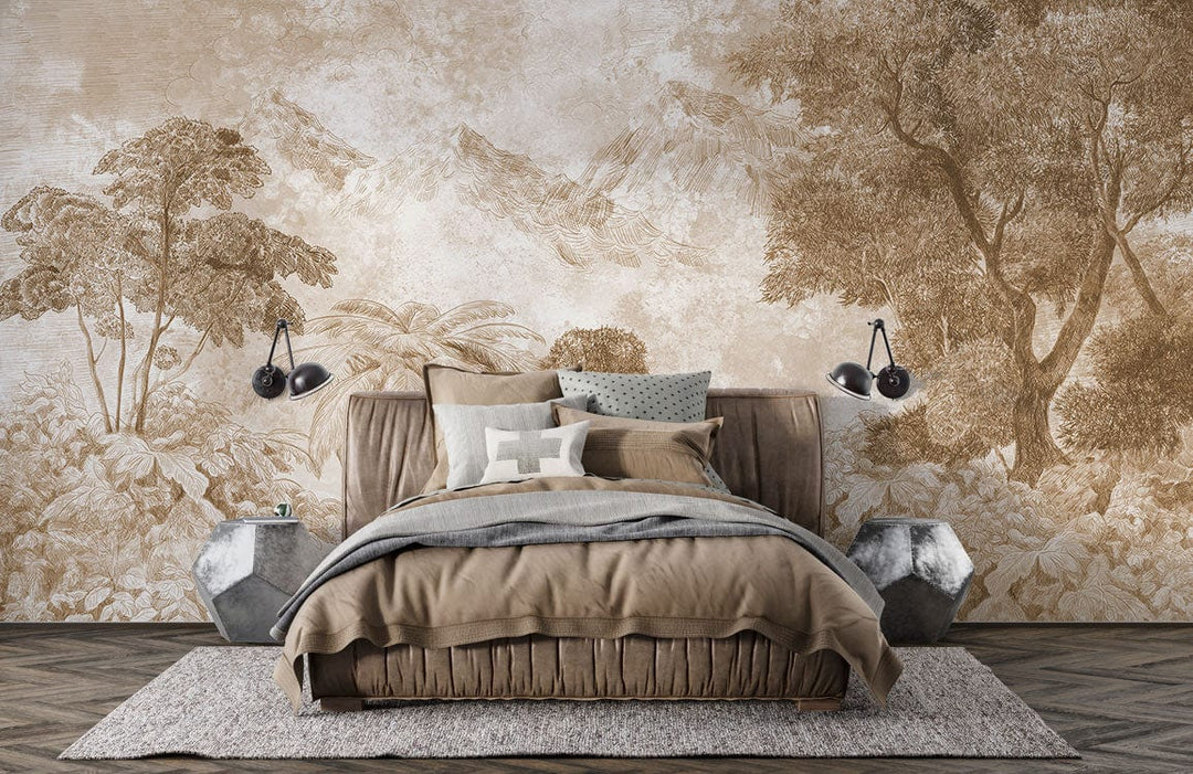 Vintage sepia woodland mural wallpaper in bedroom, featuring brown bed, geometric side tables, wood flooring.