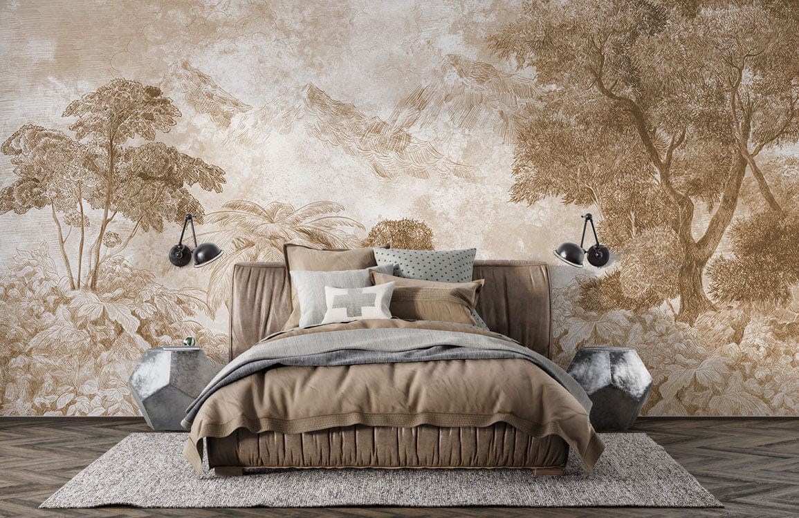 Vintage sepia woodland mural wallpaper in bedroom, featuring brown bed, geometric side tables, wood flooring.
