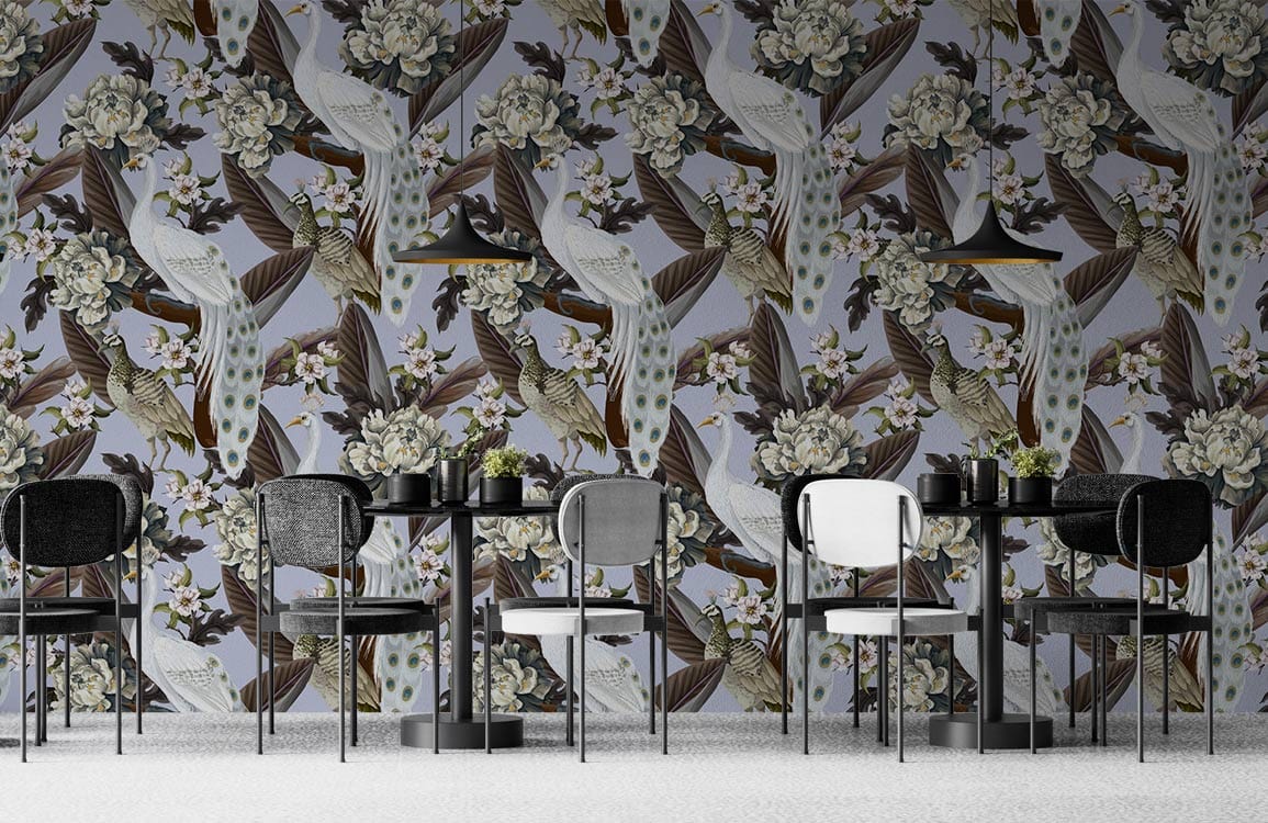Charming Vintage Bird and Floral Wallpaper with black and white chairs in a stylish dining setting.