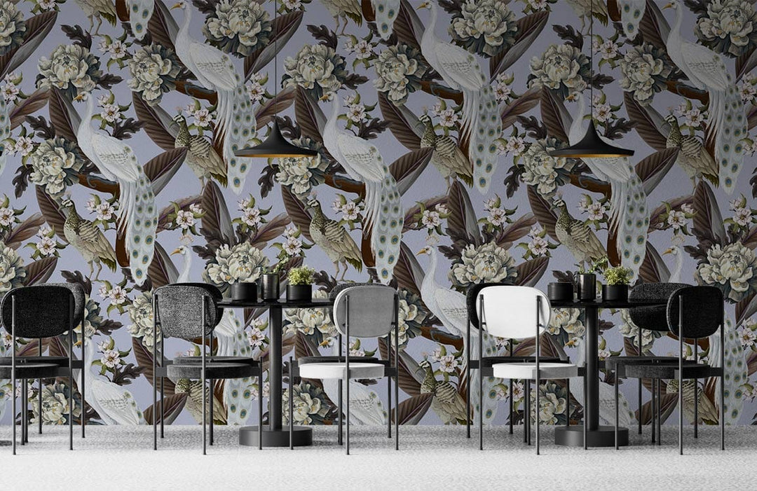 Charming Vintage Bird and Floral Wallpaper with black and white chairs in a stylish dining setting.