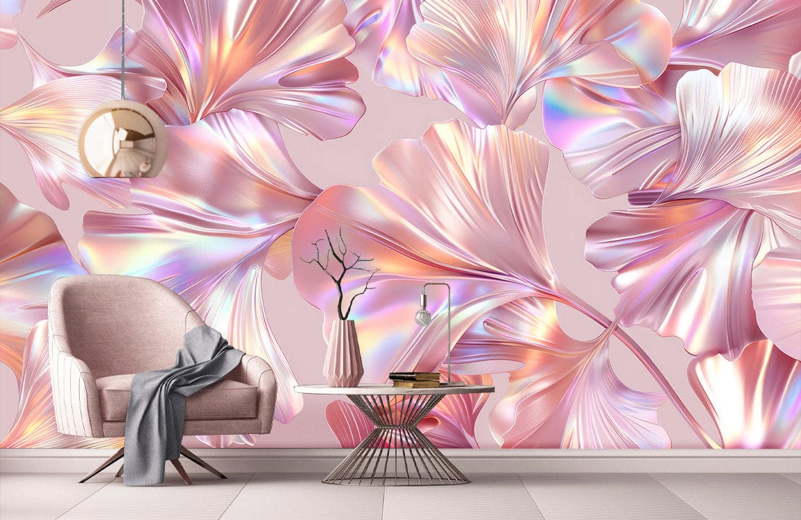 Modern holographic botanical mural with iridescent pink florals, cosy armchair, stylish lamp, geometric table.
