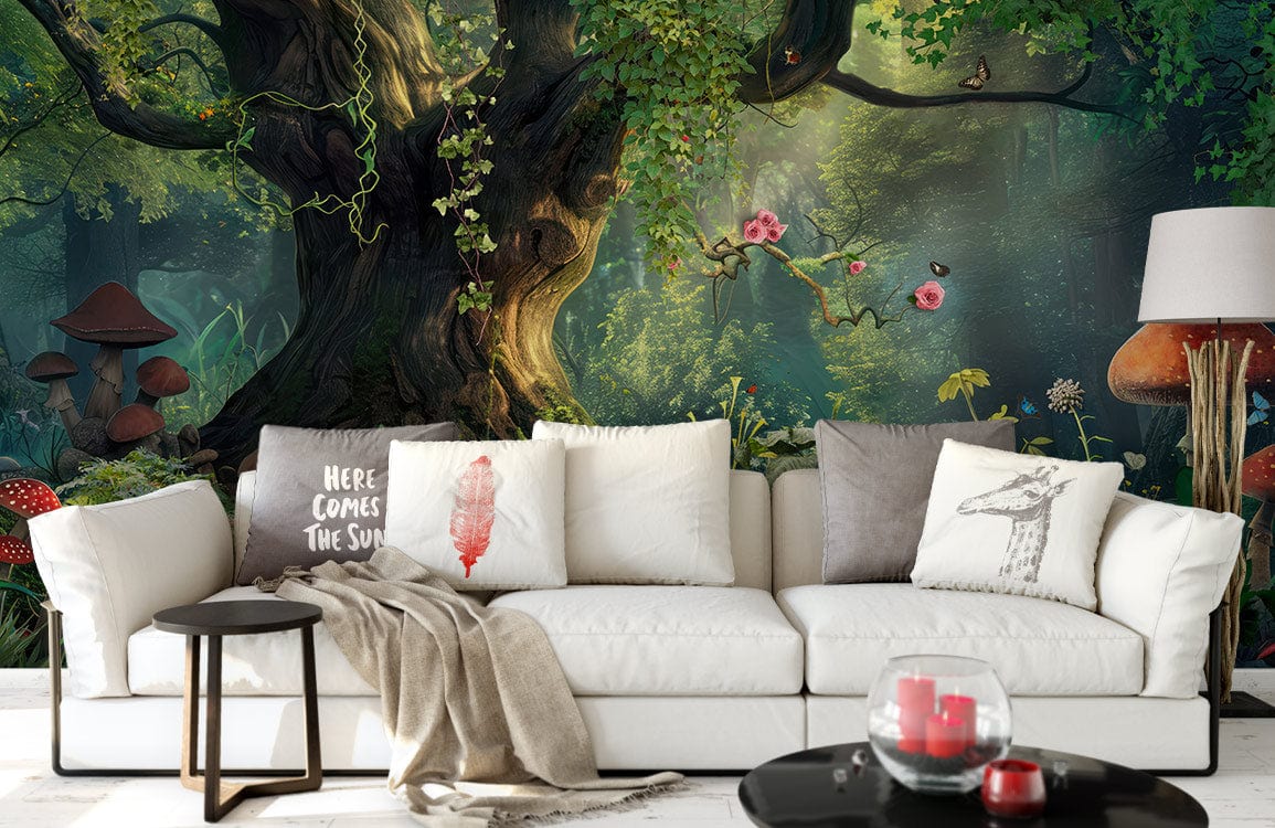Enchanted Forest Mural Wallpaper in living room with white sofa, mystical woodland decor, lush greenery.