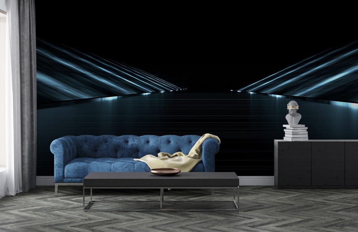 Futuristic blue abstract mural wallpaper in modern lounge with grey herringbone floor, blue sofa.