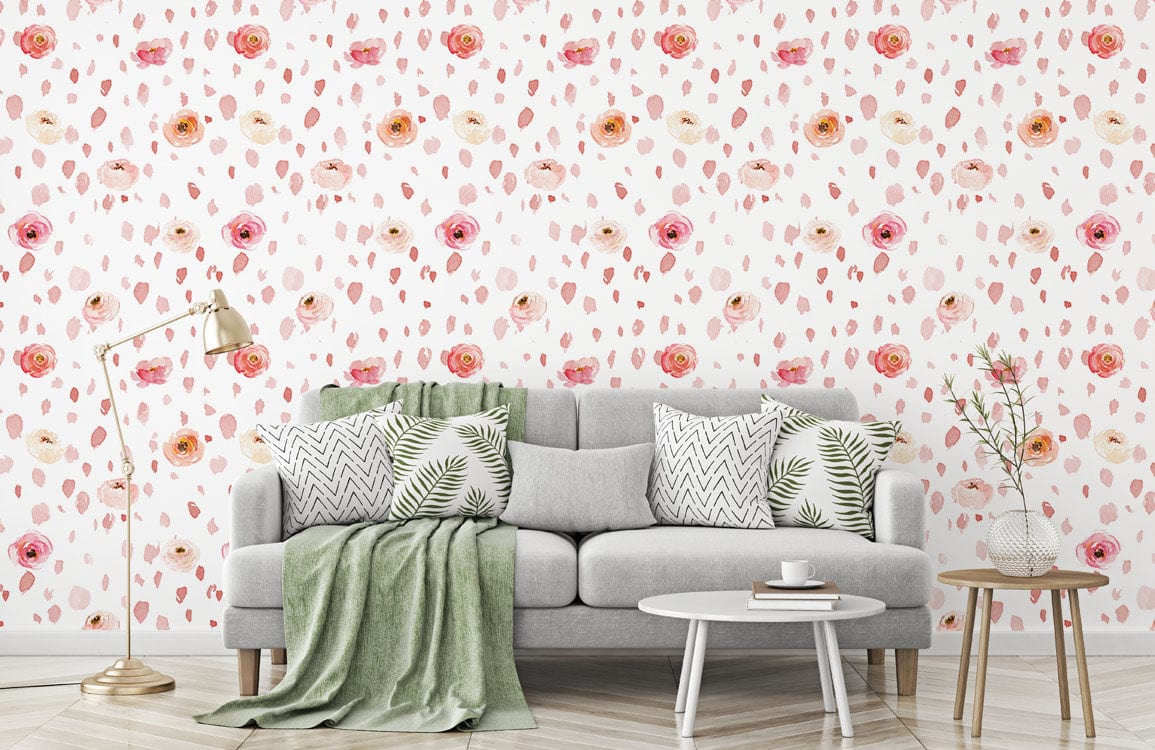 Delicate pink rose floral watercolour pattern wallpaper, grey sofa, chevron cushions, modern living room.