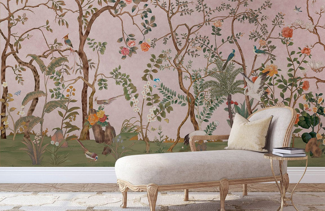 Elegant pastel botanical mural wallpaper, vintage garden nature design, ornate chaise longue, beige flooring.