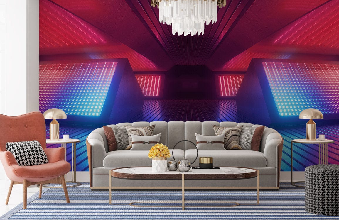 Vibrant neon geometric mural in blue, pink; grey sofa, striped rug, modern room with elegant chandelier.