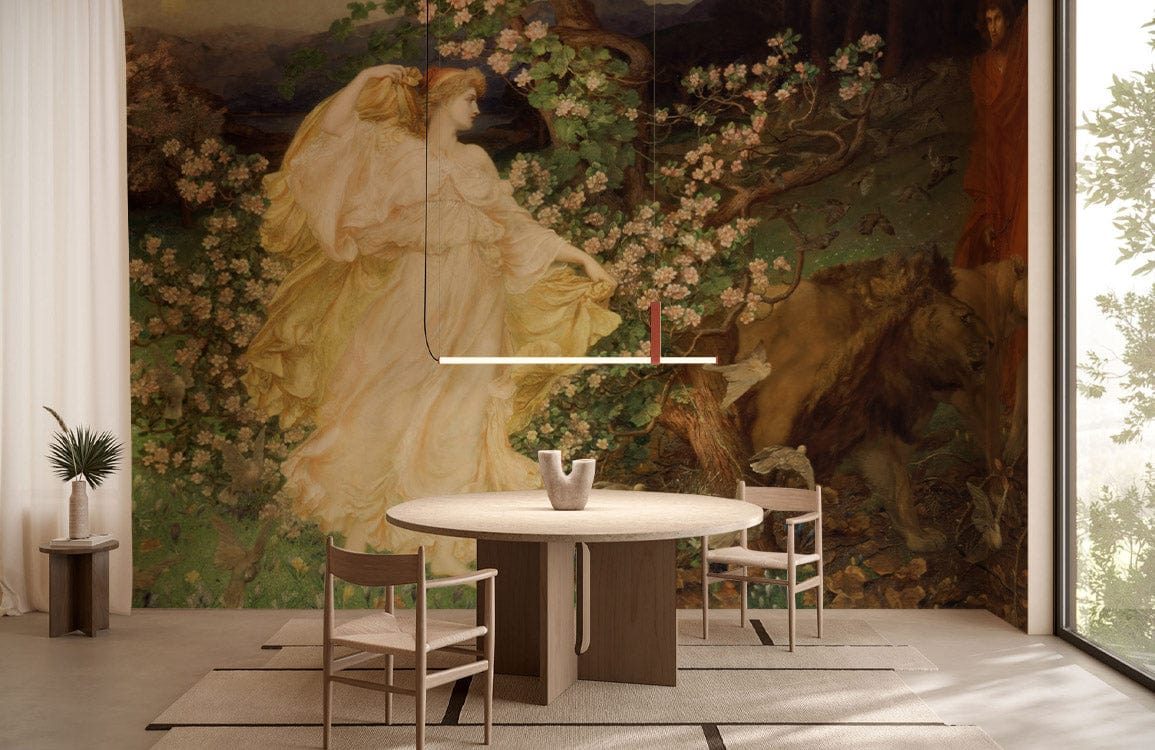 Vintage pastoral mural wallpaper in dining room, featuring round table, minimalist chairs, and light flooring.