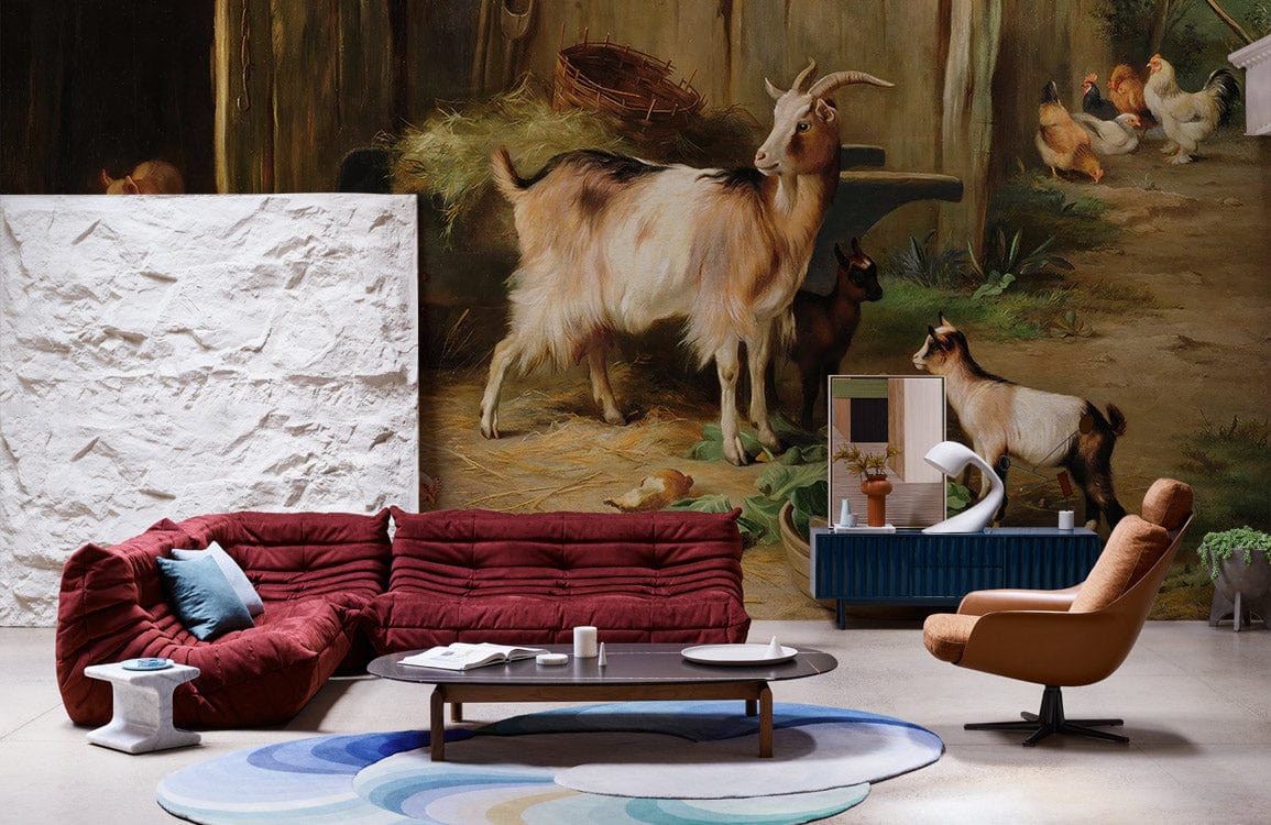 Rustic Farmyard Animals Mural Wallpaper in living room with red sofa, modern armchair, and rug.