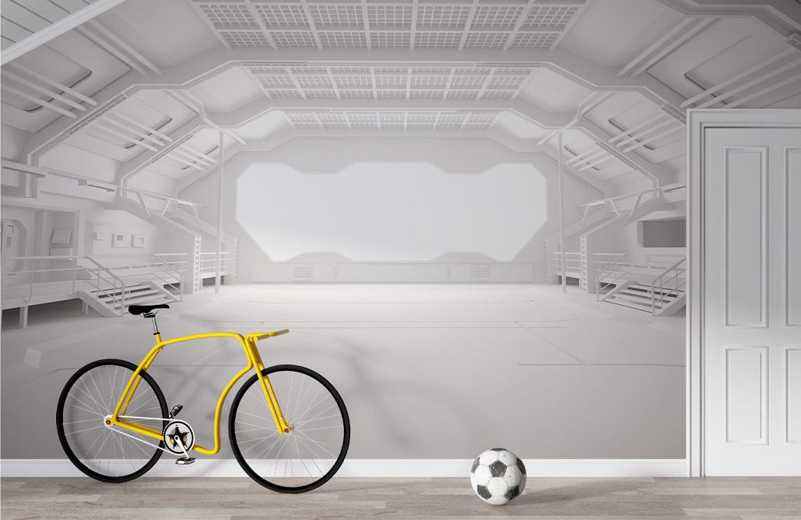 Futuristic white spacecraft mural with modern sci-fi design, wooden flooring, bicycle, football.