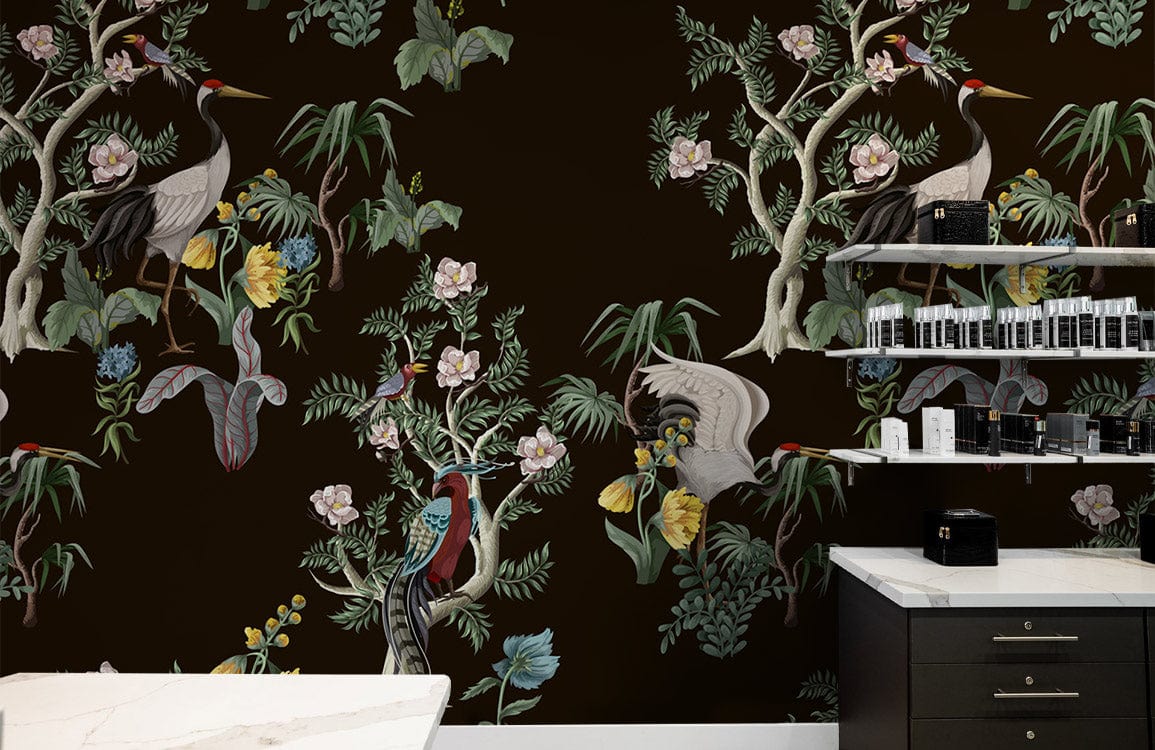 Vintage Botanical Garden Dark Tapestry Mural Wallpaper in kitchen; black cabinets, white countertops, floral design.