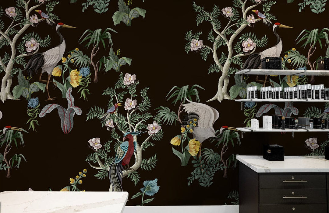 Vintage Botanical Garden Dark Tapestry Mural Wallpaper in kitchen; black cabinets, white countertops, floral design.