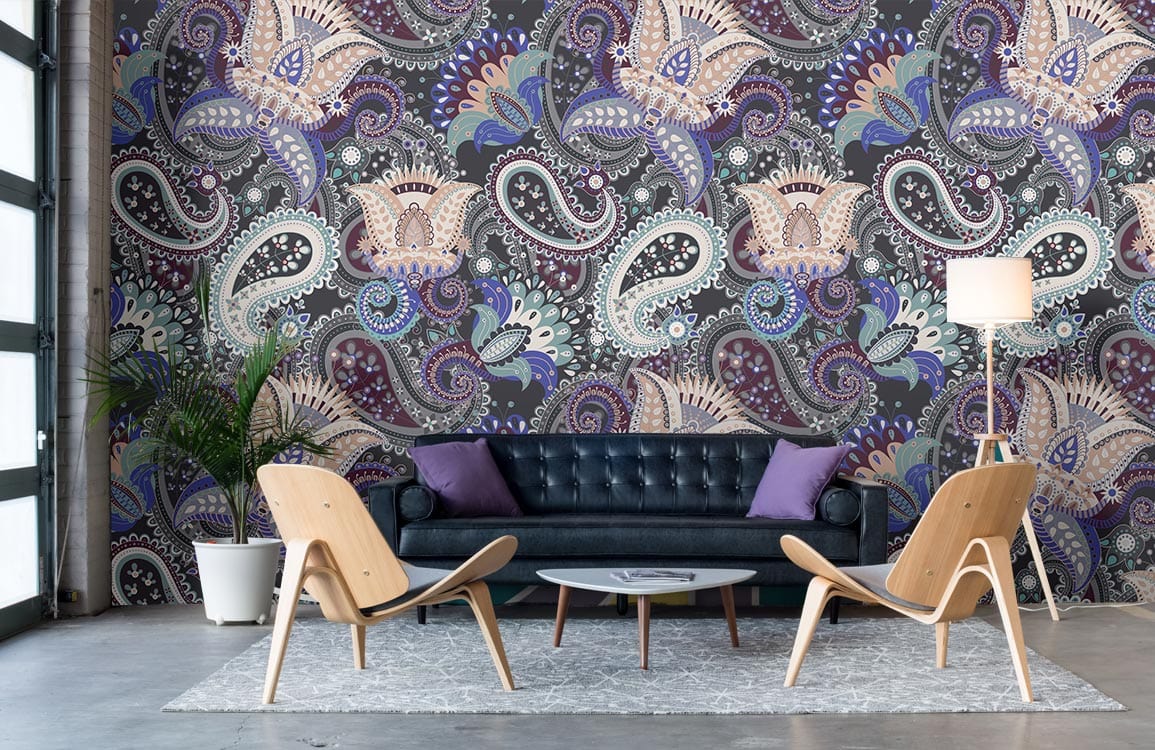 Paisley Passion wallpaper with blue sofa, modern chairs, and floor lamp in stylish living room.