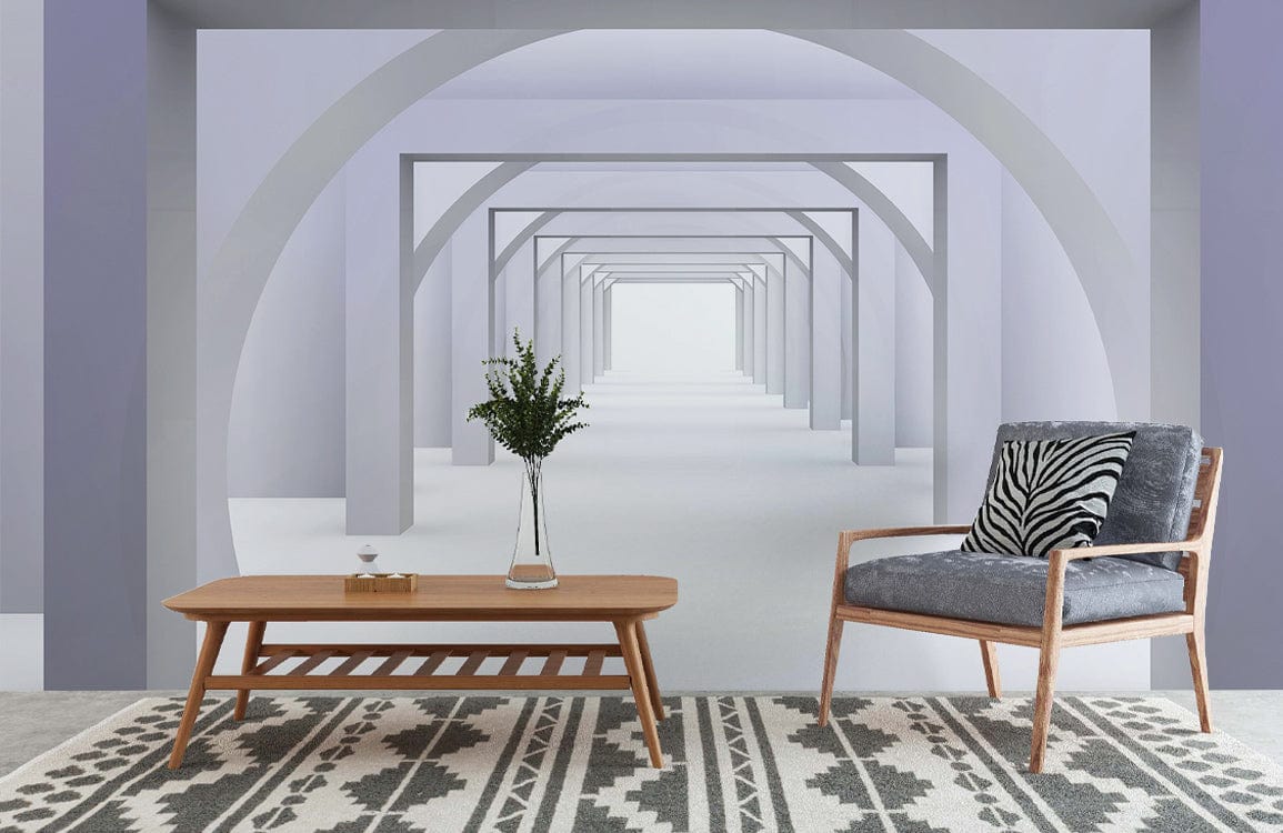 Modern grey architectural illusion wallpaper, minimalist interior with wooden chair, geometric rug, contemporary design.