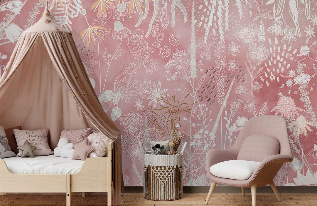 Rustic Blush Botanical Mural Wallpaper with floral design, natural wood bed, pink canopy, modern armchair.