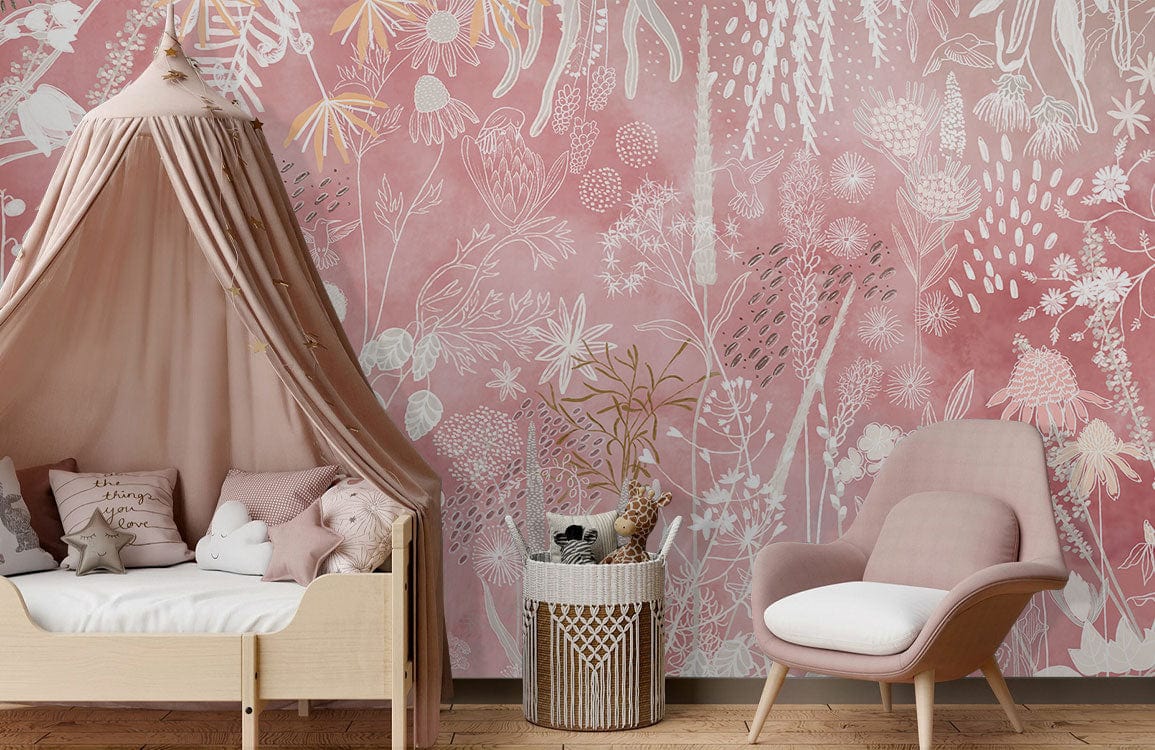 Rustic Blush Botanical Mural Wallpaper with floral design, natural wood bed, pink canopy, modern armchair.