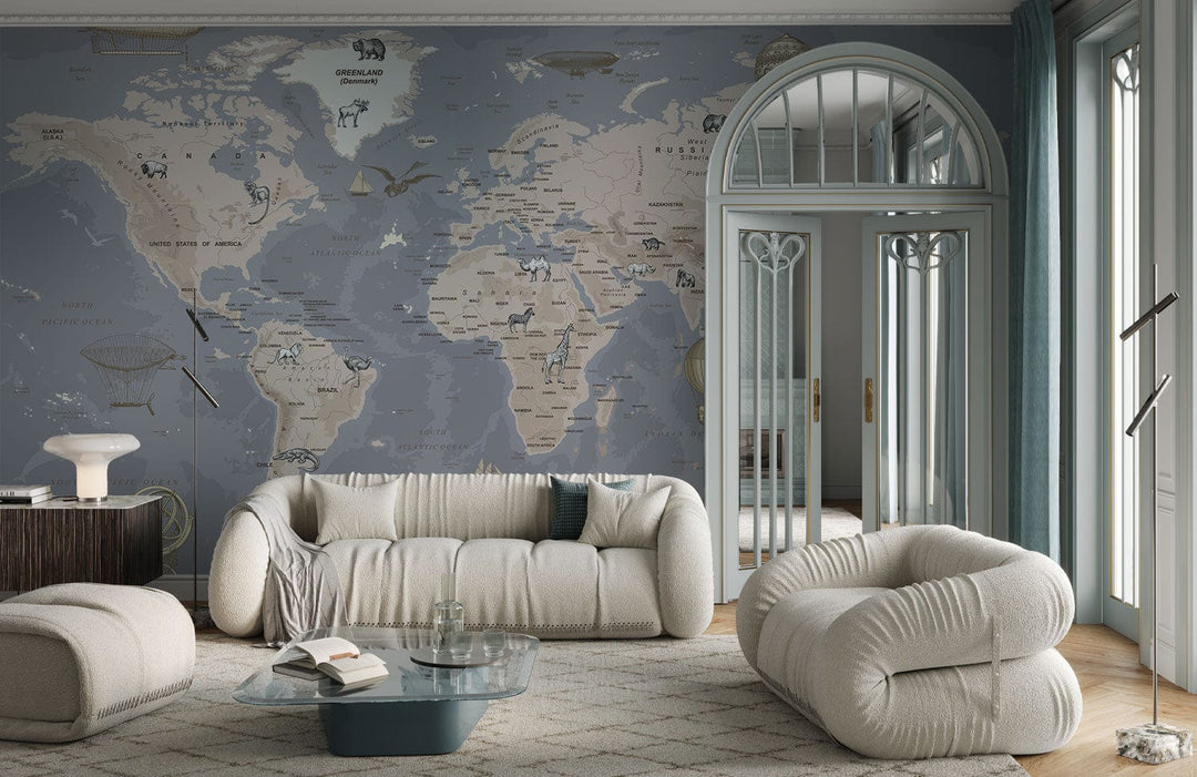Vintage World Map mural wallpaper featuring animals, grey tones, modern sofas, parquet flooring, elegant living room.