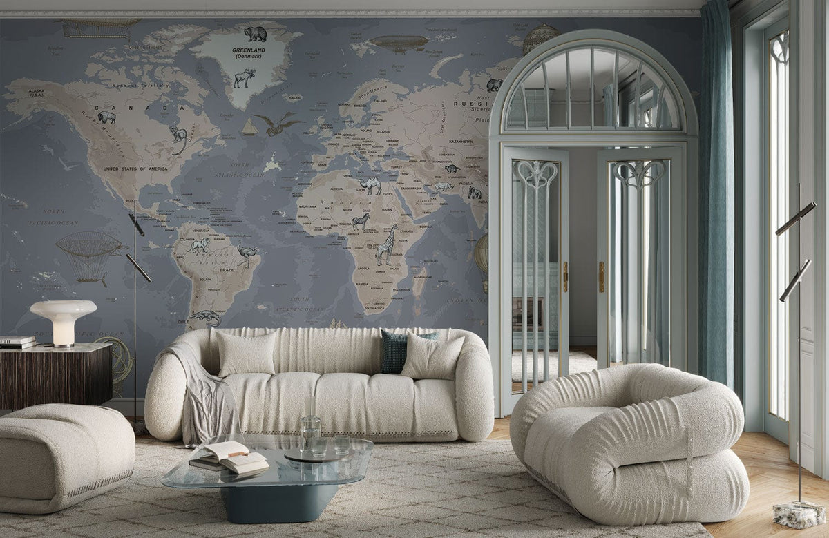 Vintage World Map mural wallpaper featuring animals, grey tones, modern sofas, parquet flooring, elegant living room.