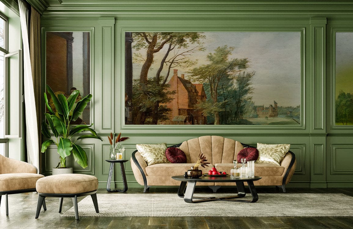 Vintage Monkeys Scenic Mural Wallpaper in elegant room with green walls, beige sofa, and wooden flooring.