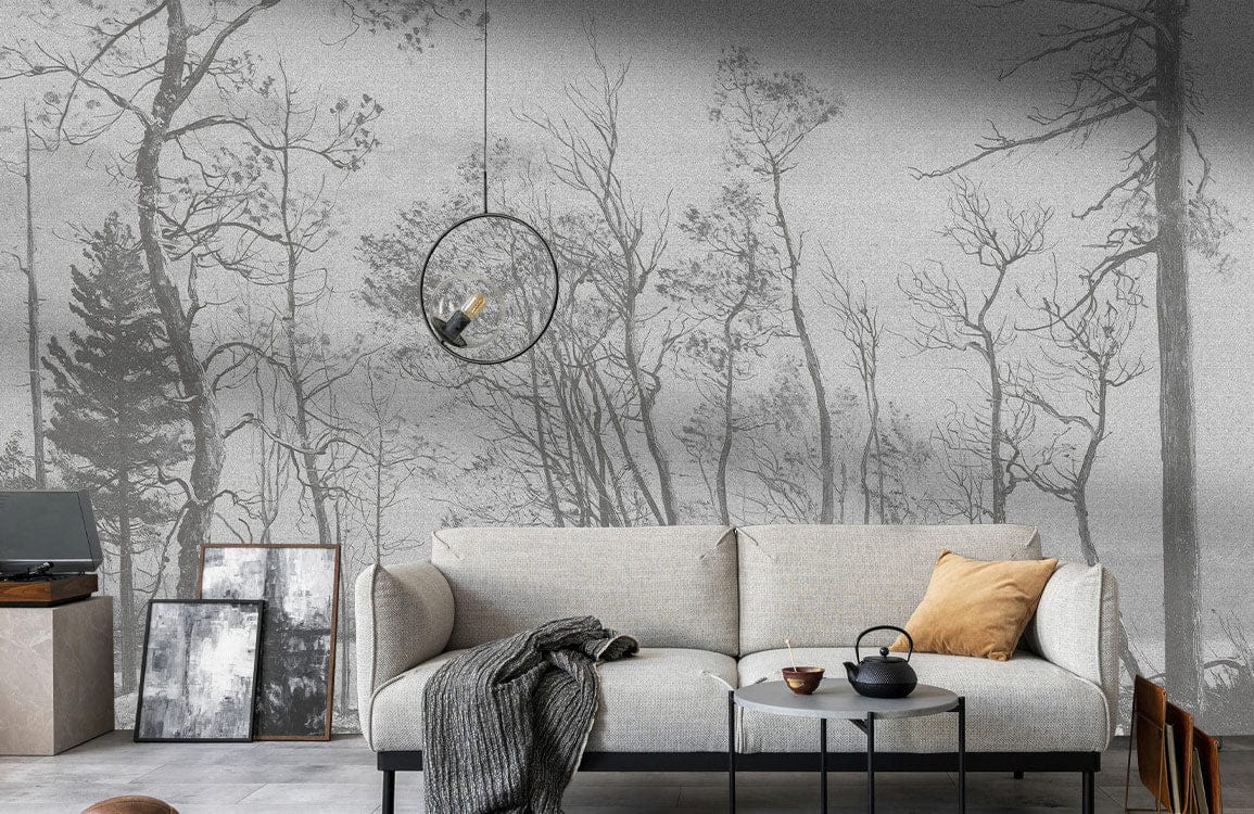 Serene Monochrome Forest Mural Wallpaper; elegant grey sofa, minimalist decor, modern pendant light, cosy lounge.