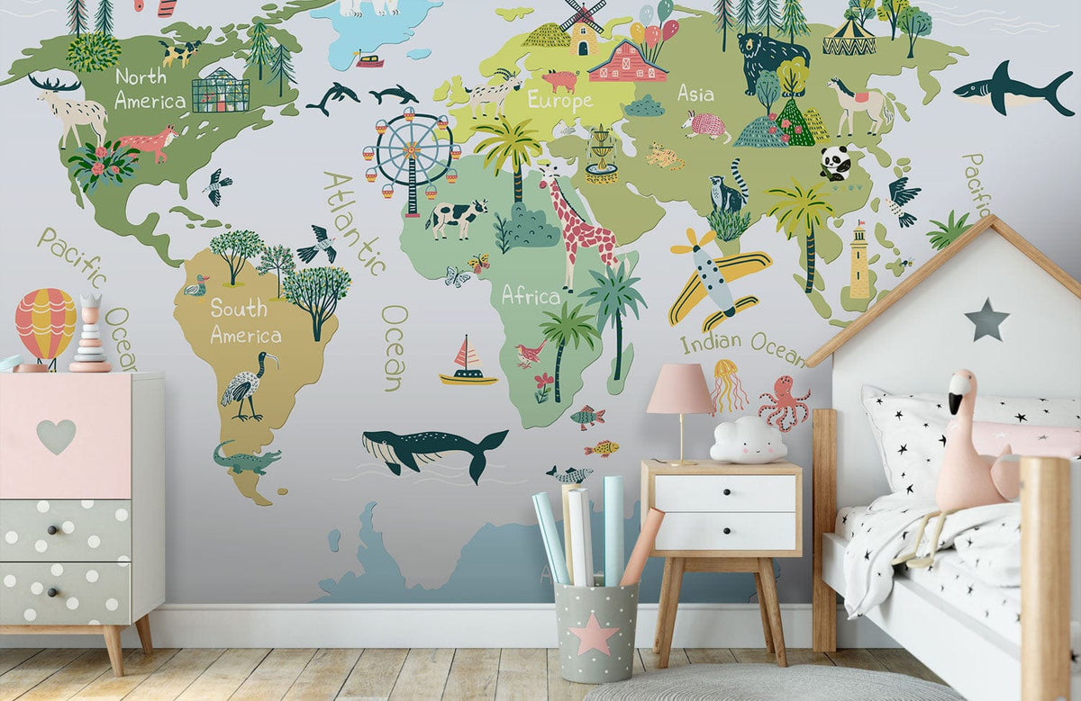 Colourful map kids wallpaper with educational design, light wood flooring, pastel furniture, and cosy decor items.