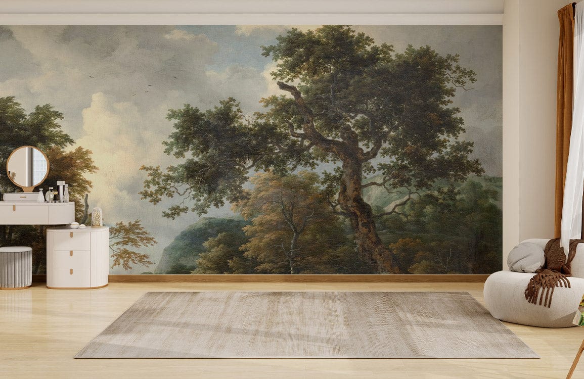 Tranquil Forest Stream Scenic Mural in Earthy Tones; elegant living room wallpaper with wooden flooring.