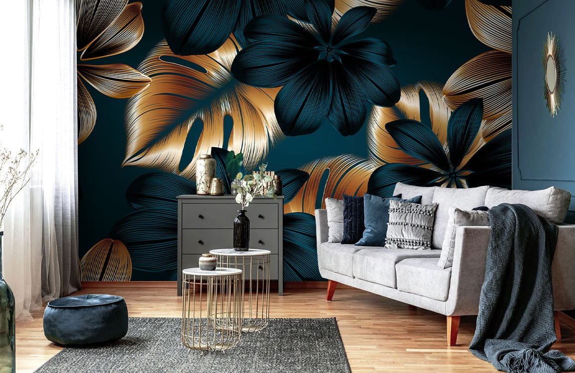 Elegant Golden and Teal Tropical Floral Wallpaper in living room with grey sofa, wooden flooring, modern decor.
