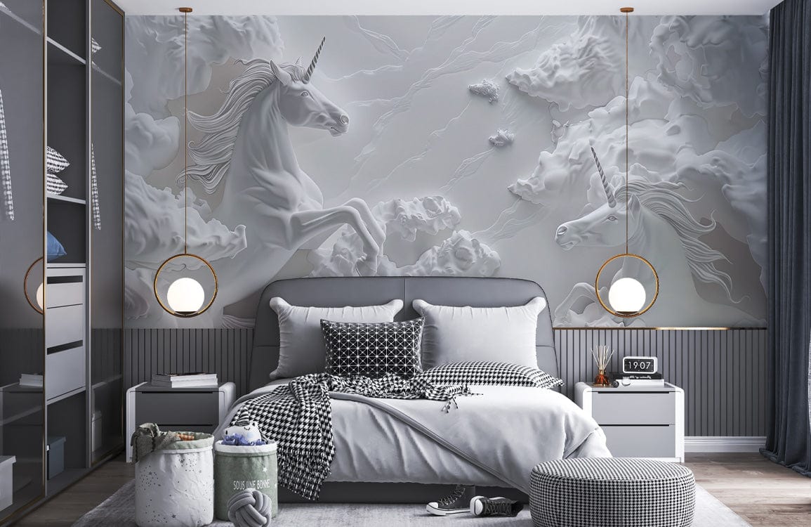 Elegant White Unicorn mural in a modern bedroom with grey bedding and ambient lighting.