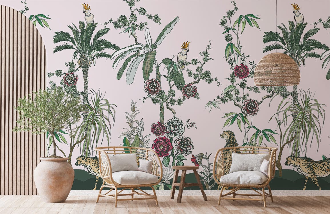 Exotic Jungle Paradise mural with leopards, tropical flora, wicker chairs, neutral walls in stylish living room.