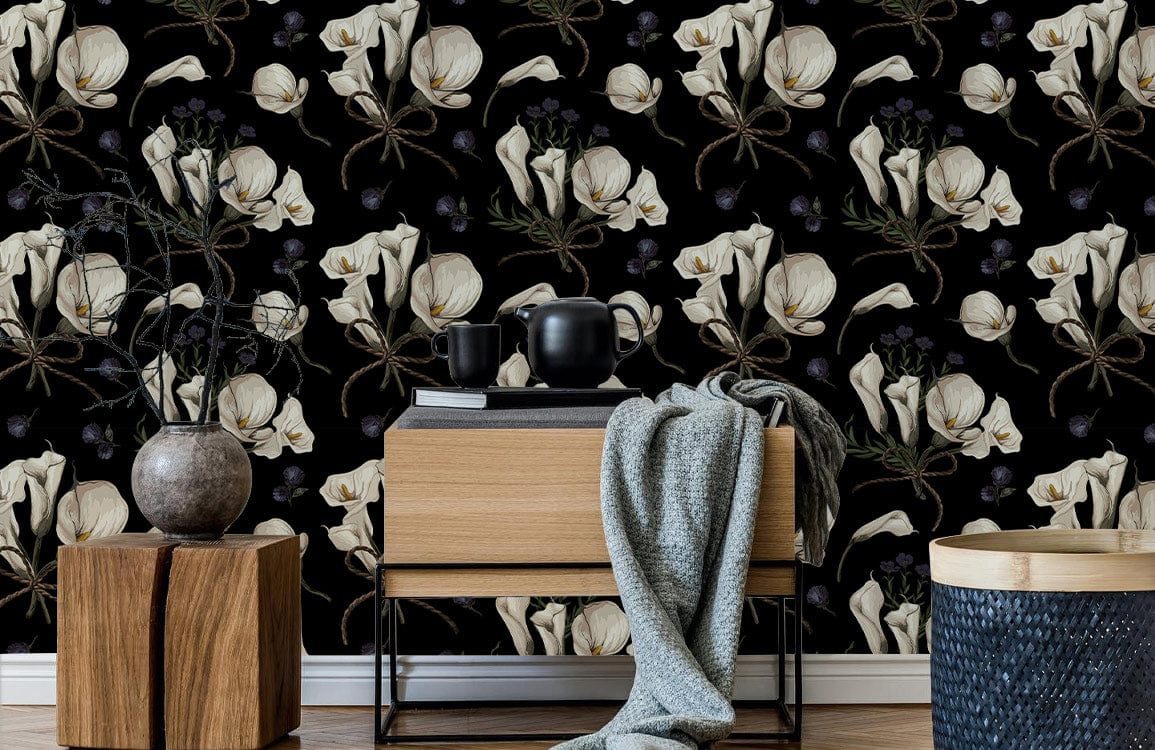 Vintage floral black wallpaper with white lily pattern, wooden furniture, light wood flooring, modern decor.