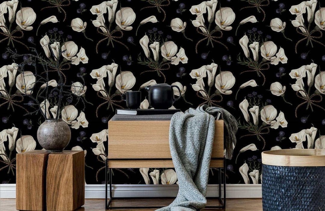 Vintage floral black wallpaper with white lily pattern, wooden furniture, light wood flooring, modern decor.