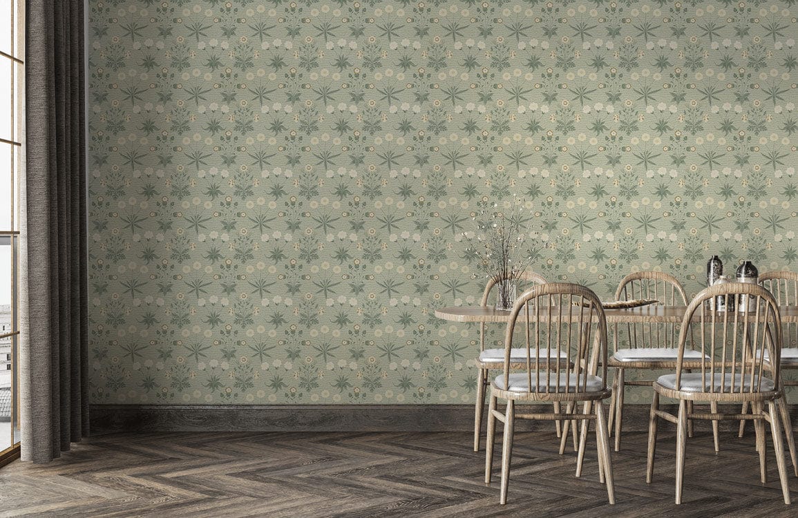 Vintage floral wallpaper, soft green, cream tones; dining room, wooden dining set, herringbone flooring.