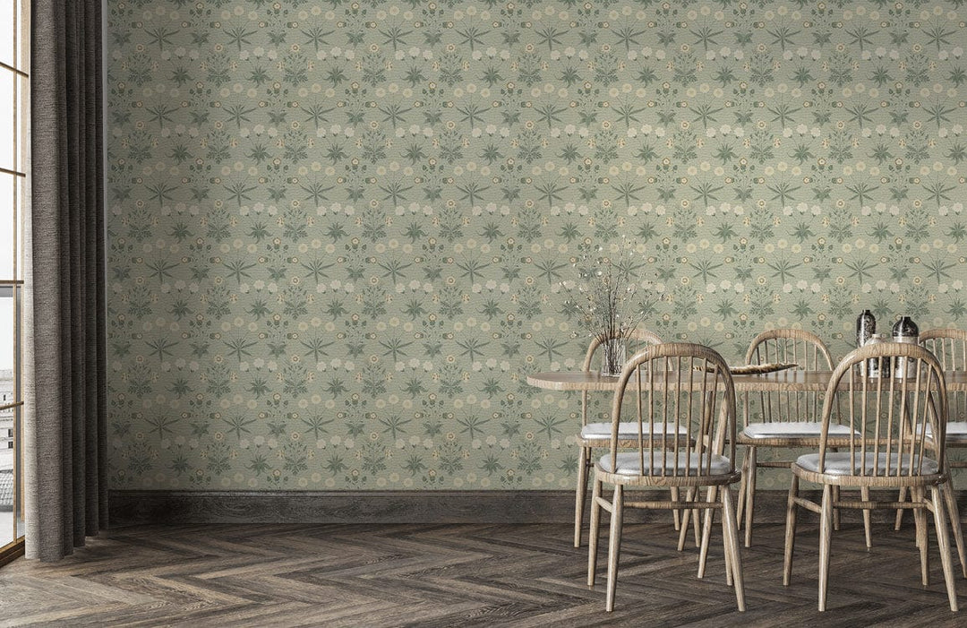 Vintage floral wallpaper, soft green, cream tones; dining room, wooden dining set, herringbone flooring.