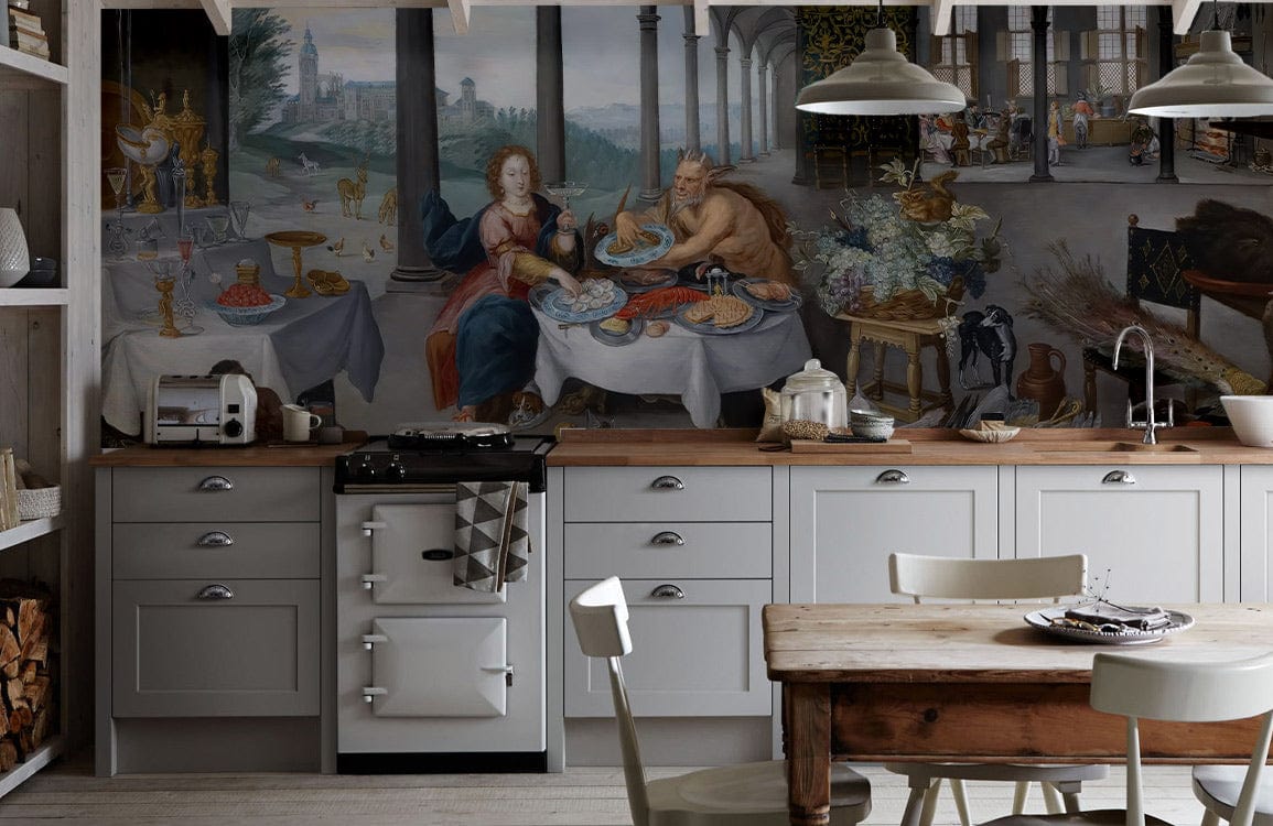 Opulent Baroque mural with elegant kitchen decor, featuring grey cabinets and wooden dining table.