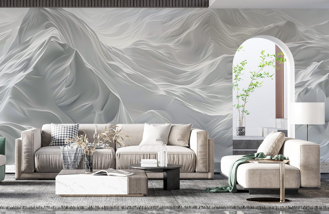 Modern lounge with Elegant Alpine Peaks Wallpaper, serene silver tones, beige sofas, arch mirror, grey rug.